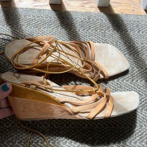 Dries Van Noten wedge  Heel Gold and Peach suede Sandals, size 38.5 NEW